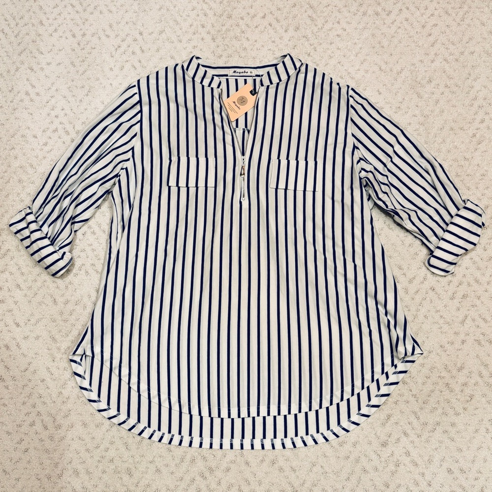 Moyabo Georgette Long Sleeve Blouse NEW Size 2X White Blue Stripe Tunic Coastal